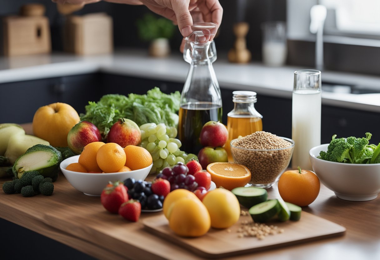 A table with various fruits, vegetables, and grains. A person holding a glass of water. A bottle of digestive enzymes and probiotics on the counter