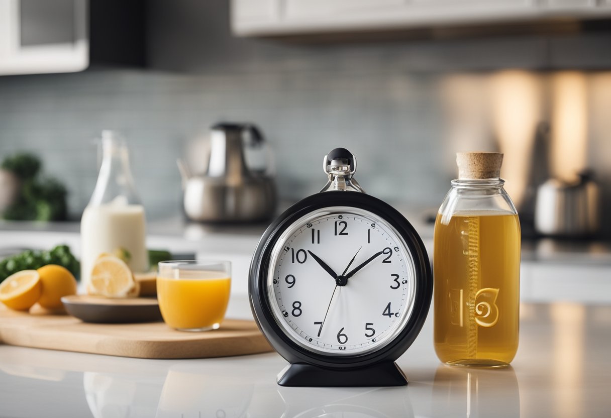 A clock showing morning and a bottle of probiotics on a kitchen counter