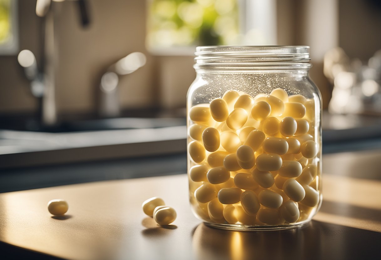 A jar of probiotic capsules sits on a kitchen counter beside a glass of water. The sunlight streams in through the window, casting a warm glow over the scene