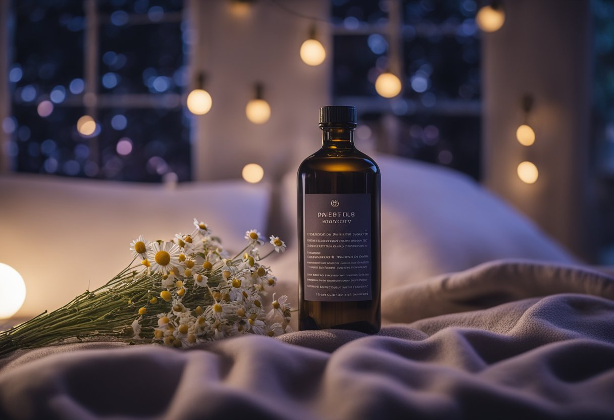 A serene nighttime setting with a moonlit sky, a cozy bed surrounded by calming elements like lavender and chamomile, and a bottle of probiotics prominently displayed for sleep support