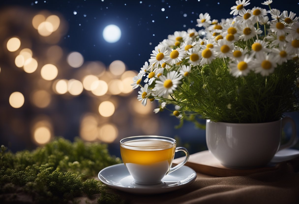 A peaceful night scene with a moonlit sky and a bed surrounded by calming elements like chamomile flowers and a cup of warm tea