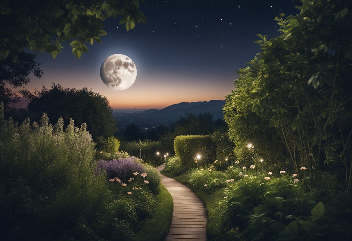 A serene night sky with a glowing moon and twinkling stars. A winding path leads to a peaceful garden filled with vibrant, healthy plants. A subtle connection between the plants and a restful night's sleep is suggested