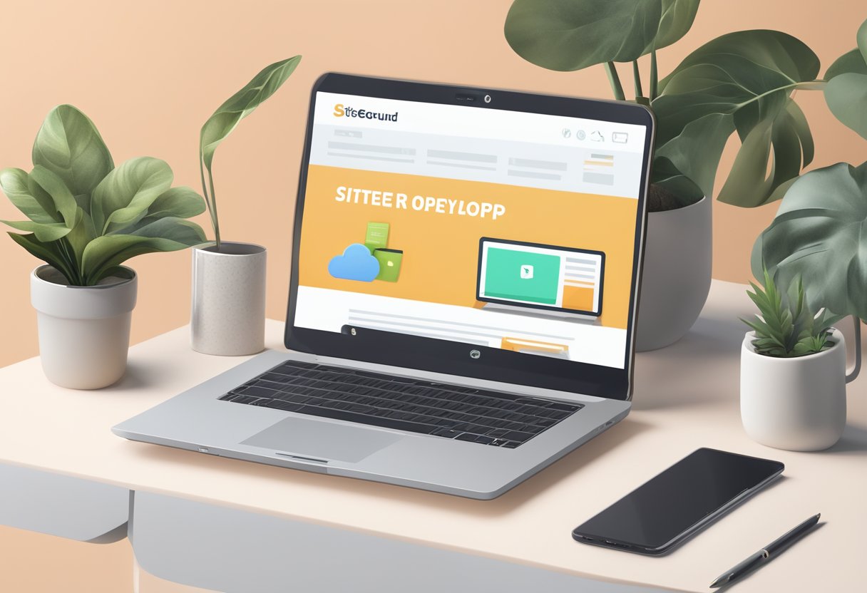 A laptop sitting on a clean, modern desk with a SiteGround website open, showcasing the hosting services and positive reviews