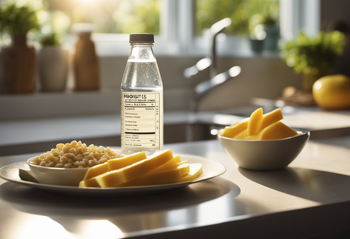 A bottle of probiotics sits on a kitchen counter next to a glass of water and a plate of food. The morning sun streams in through the window, casting a warm glow on the scene