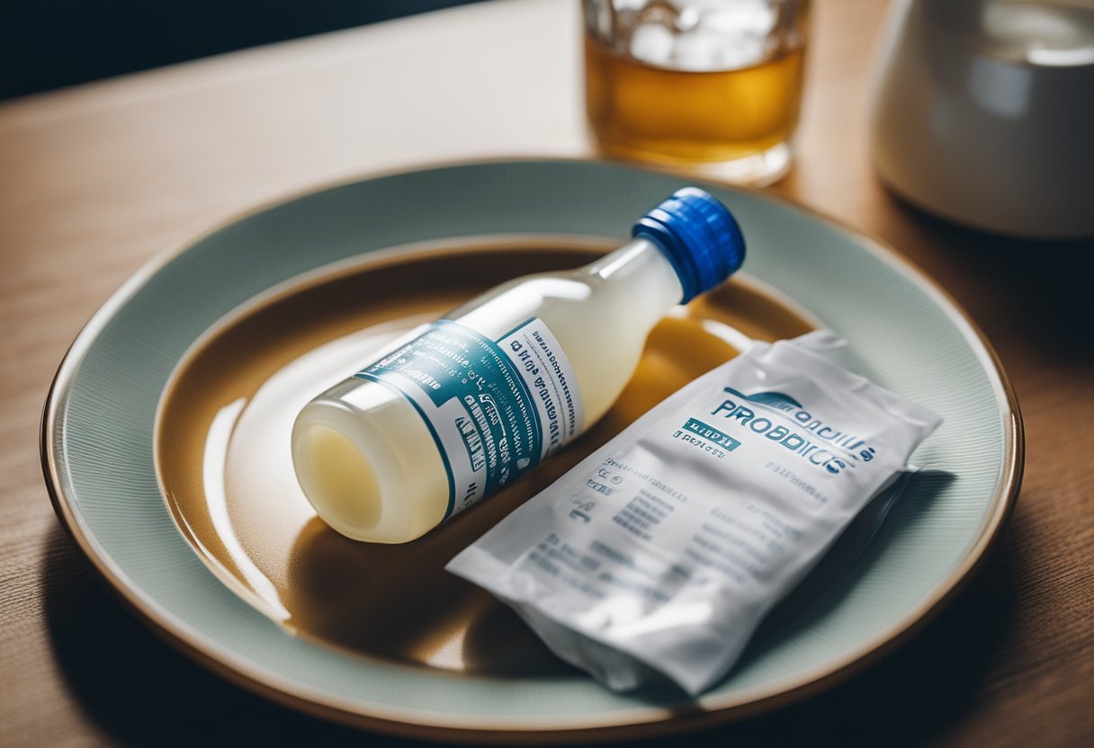 A bottle of probiotics sits next to a glass of water and a plate of food, indicating a remedy for a hangover