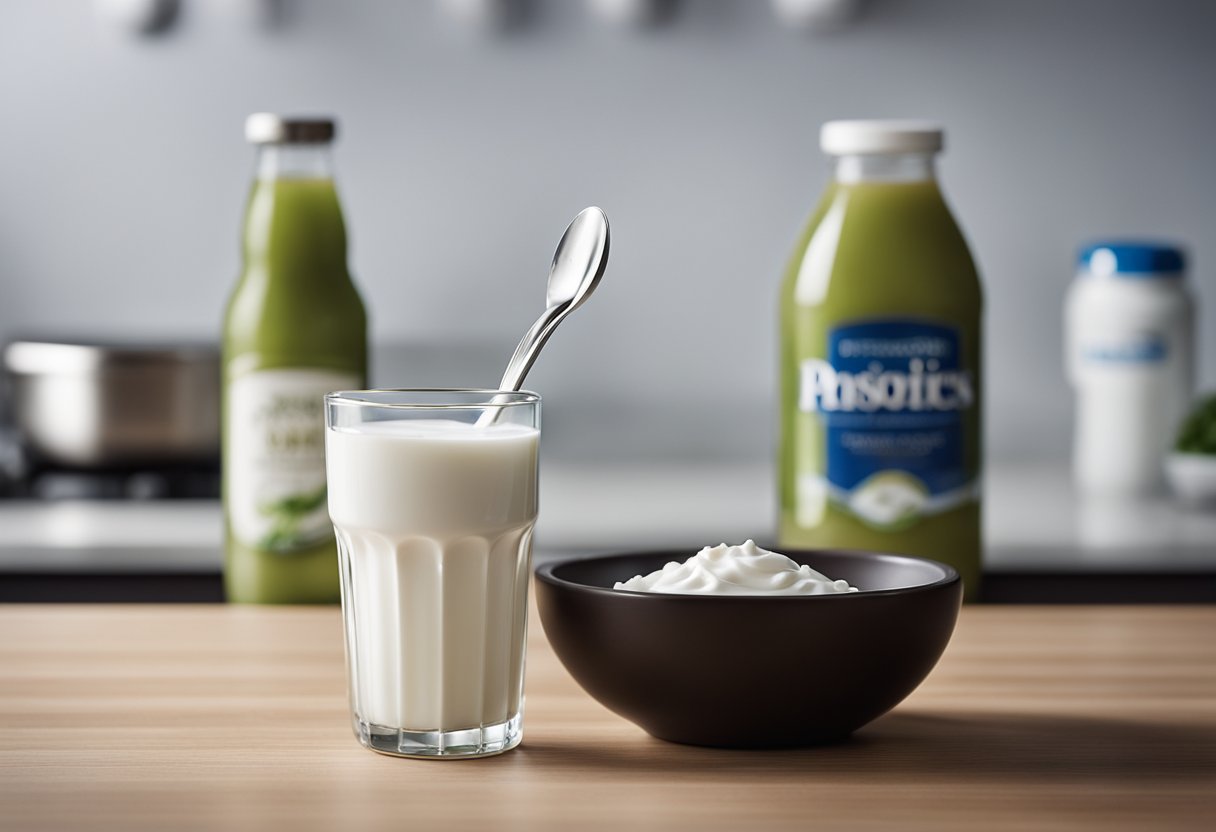 A bottle of probiotics sits on a clean kitchen counter, surrounded by a bowl of plain yogurt and a glass of water. A spoon is poised to mix the probiotics into the yogurt