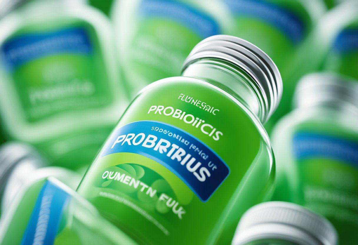 A bottle of probiotics surrounded by a swirl of green and blue representing the stomach flu virus, with a clear label indicating "Stomach Flu Probiotics."