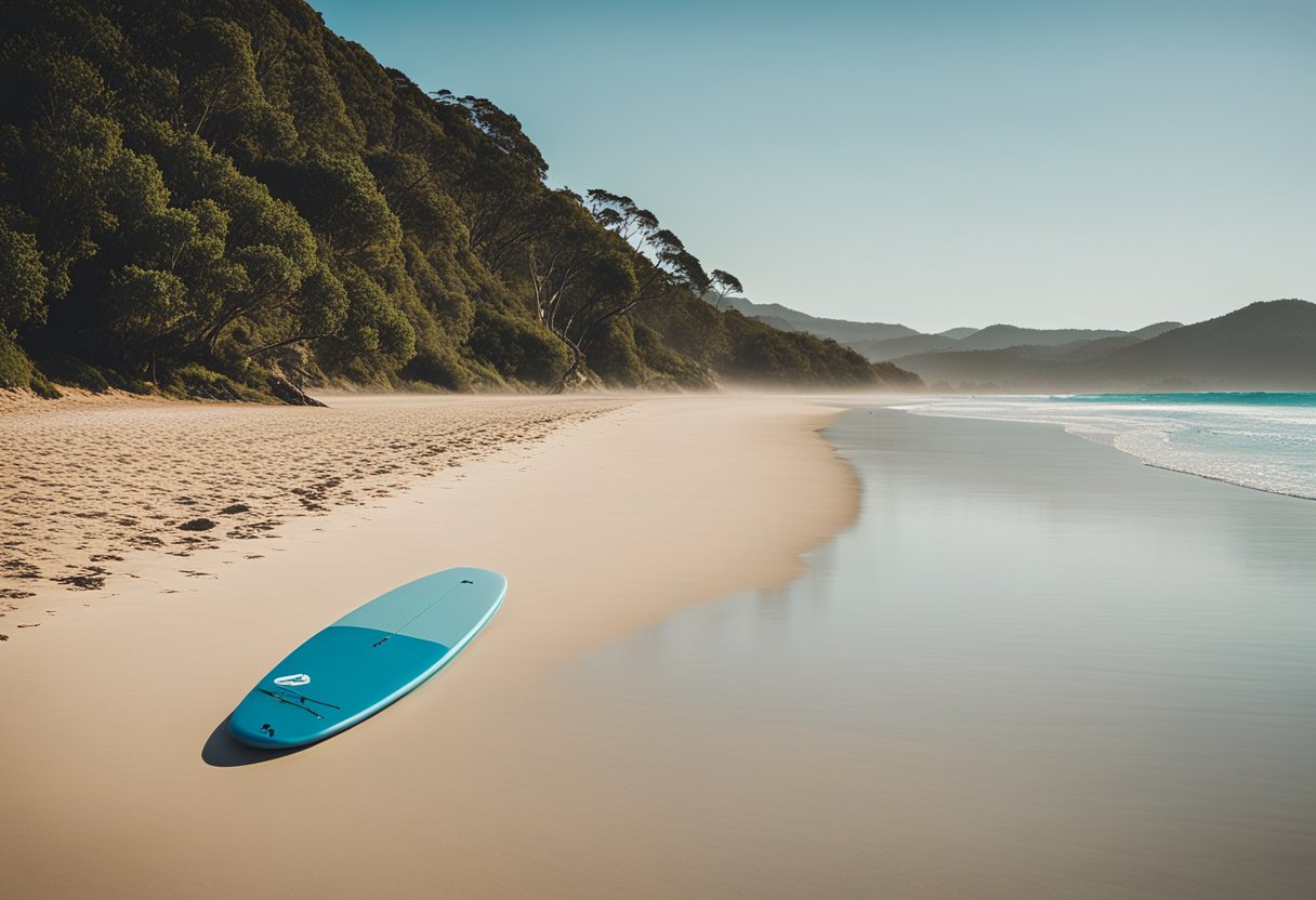 A serene beach scene with a single SUP board resting on the golden sand, framed by the clear blue waters and a cloudless sky in Byron Bay, New South Wales, Australia
