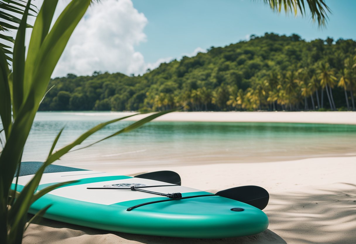 A calm beach with clear turquoise water, white sandy shore, and lush greenery in the background. A paddleboard with a paddle is resting on the shore, ready for use