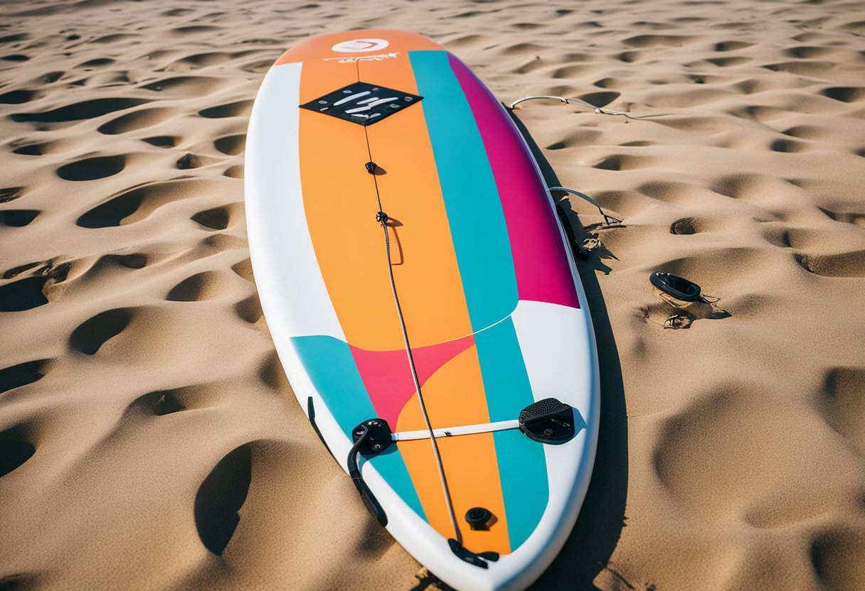 A colorful SUP board with gear on a sandy beach in Byron Bay, NSW, Australia