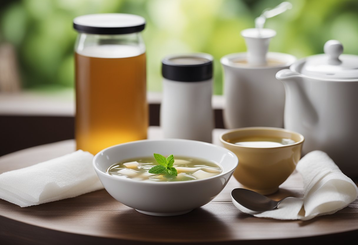 A bottle of probiotics sits on a table next to a cup of hot tea and a bowl of chicken soup, surrounded by tissues and a thermometer