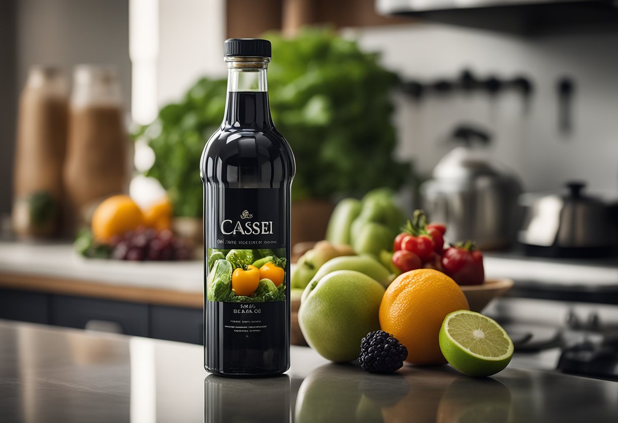 A bottle of L. casei stands on a kitchen counter, surrounded by fresh fruits and vegetables