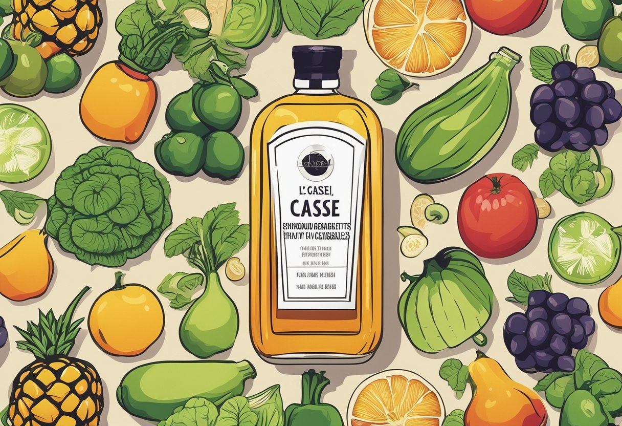 A bottle of l casei surrounded by fresh fruits and vegetables, with a glowing halo effect to symbolize its health benefits