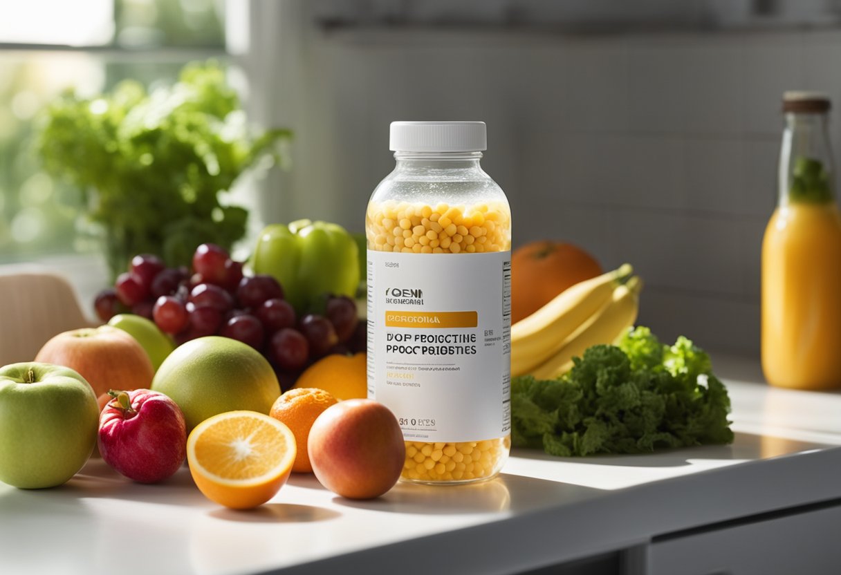 A bottle of probiotics sits on a clean, white countertop, surrounded by colorful fruits and vegetables. The sun streams in through a nearby window, illuminating the bottle