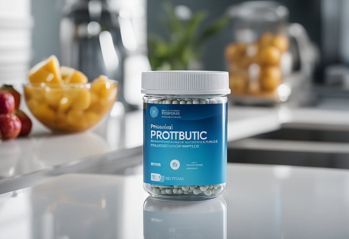 A jar of probiotic capsules sits on a clean, white countertop next to a glass of water and a piece of fruit