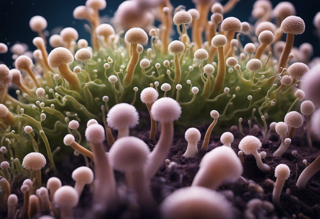 A diverse ecosystem of bacteria and fungi in a vaginal environment, depicted with various microorganisms interacting and thriving