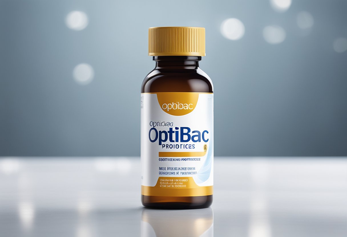 A bottle of OptiBac Probiotics Men Vi Sinh Optibac stands on a clean, white surface, with the label facing forward and the cap securely closed