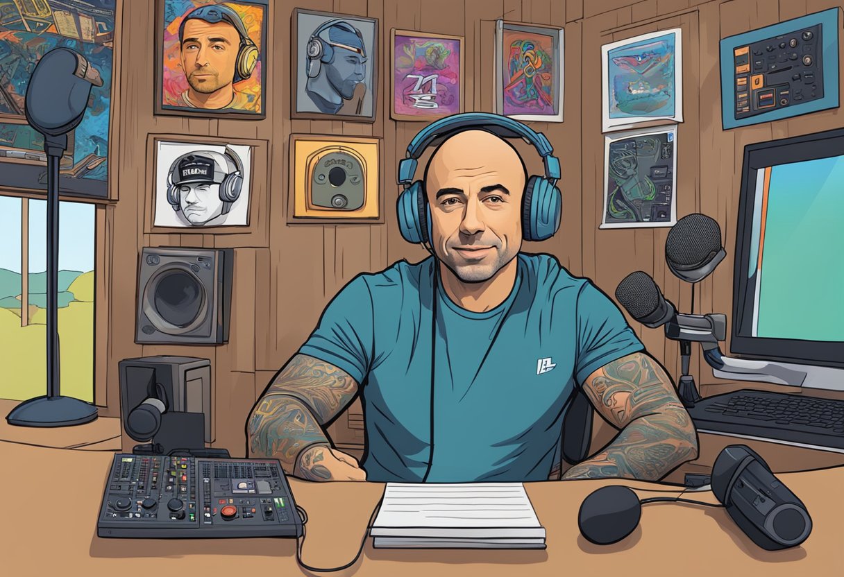 Joe Rogan's podcast studio with colorful artwork, microphone, and headphones, as he shares entertaining and insightful quotes