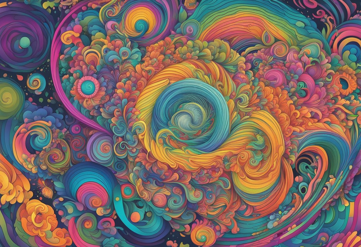 Joe Rogan's quotes on psychedelics and consciousness are depicted through a swirling vortex of vibrant colors and patterns, representing the mind-expanding and transformative effects of these substances