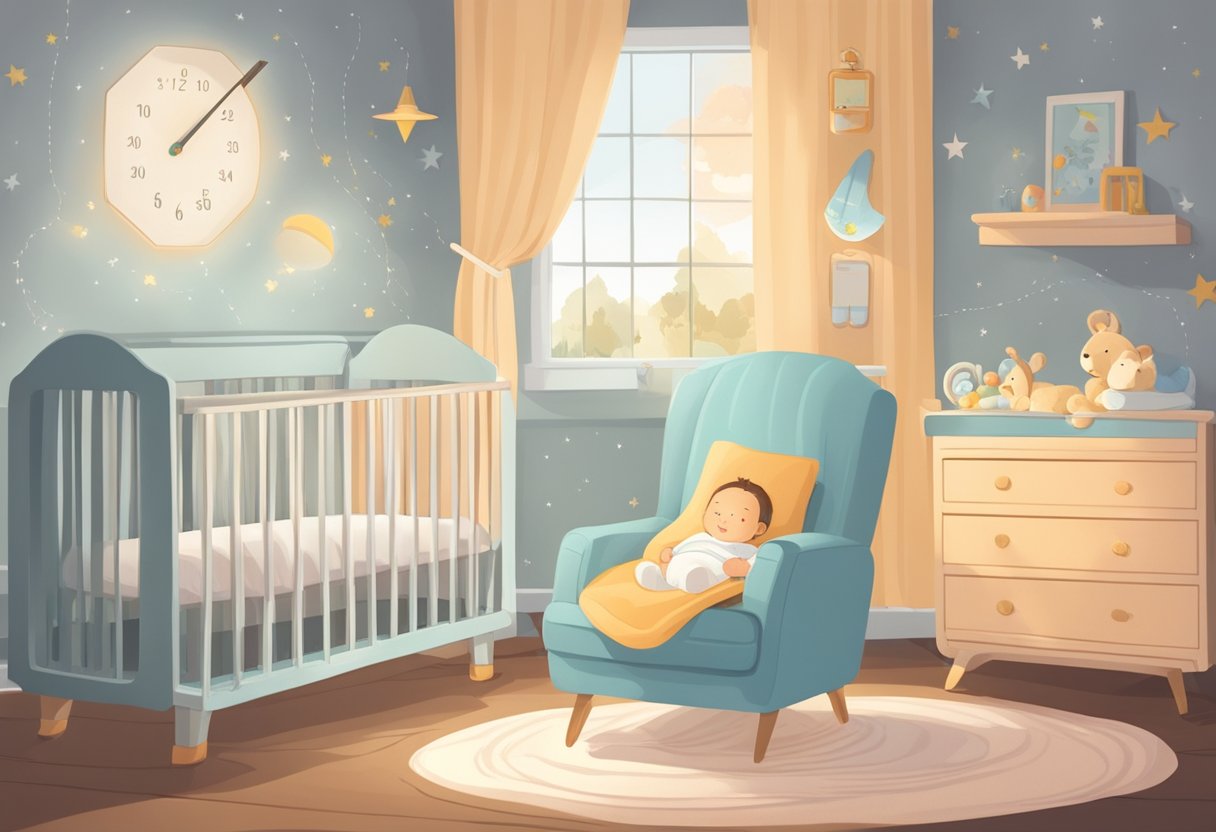 A cozy nursery with a soft, dim light. A thermometer reads 68-72°F. A sleeping baby is swaddled in a crib