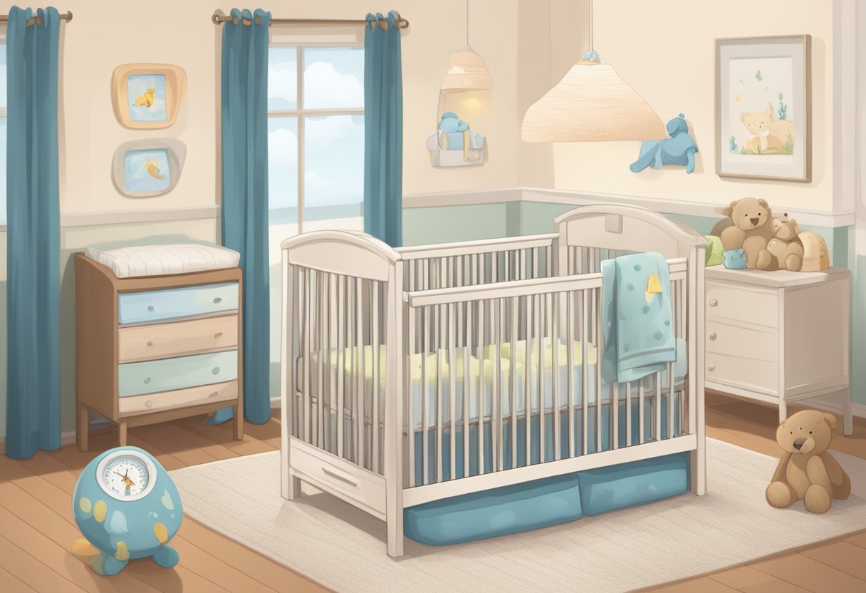 A cozy nursery with a crib, soft bedding, and a room thermometer showing the ideal sleep temperature for a baby