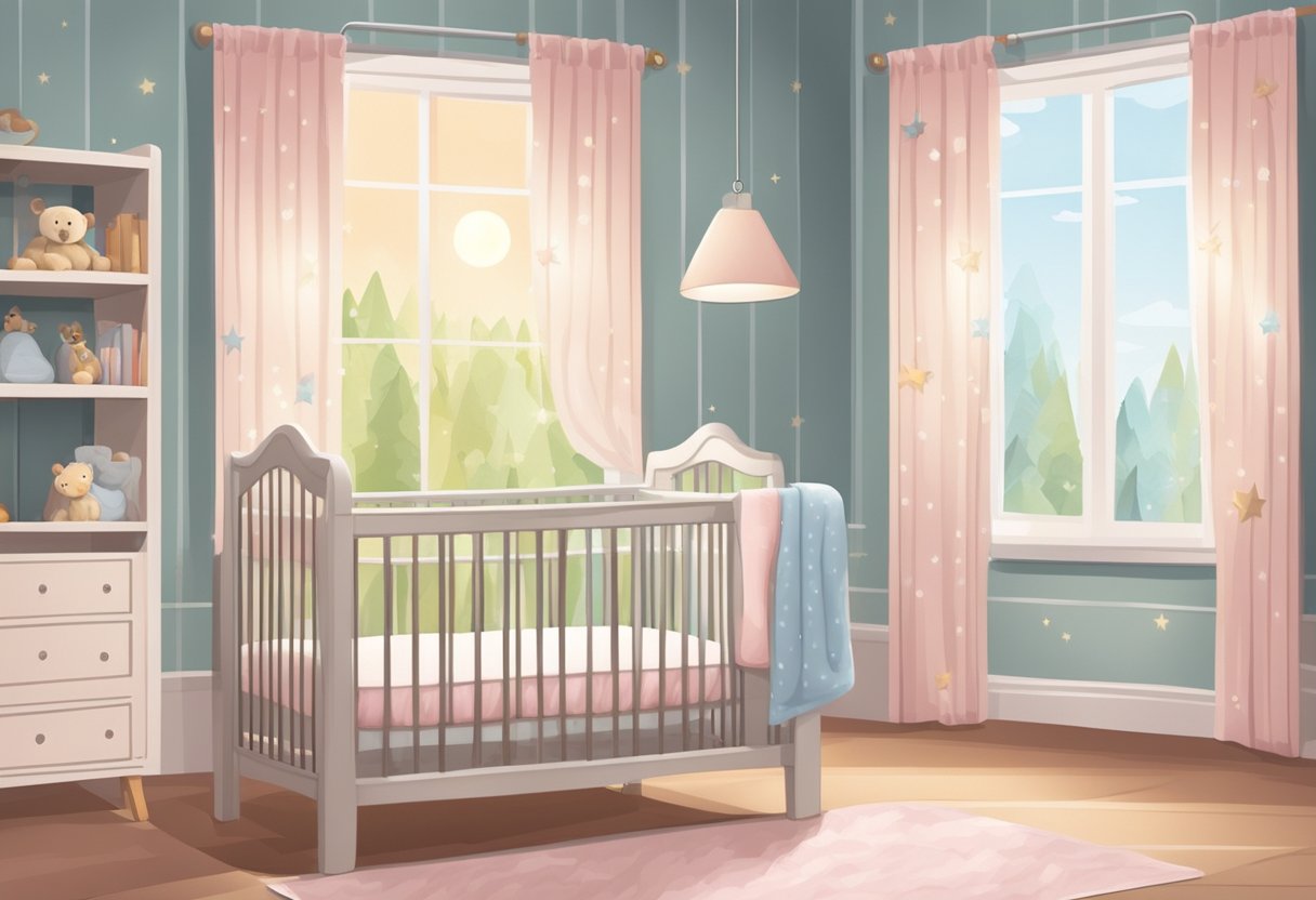 A cozy nursery with a thermometer on the wall, a crib with a soft blanket, and a window with curtains to control the temperature and light