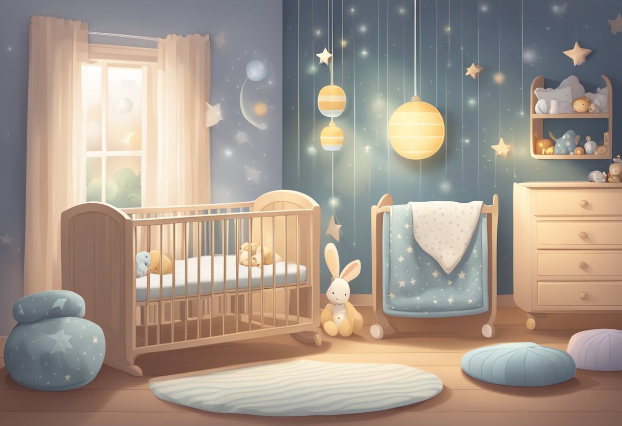 A cozy nursery with a thermometer showing the ideal baby sleep temperature range. A crib with a soft blanket and a dim night light