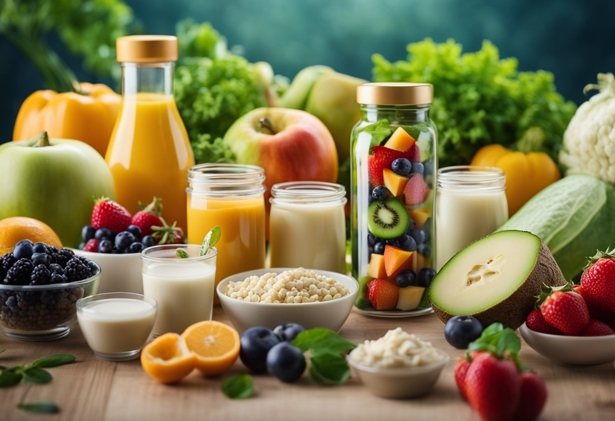 A colorful bottle of dairy-free probiotics surrounded by various fruits and vegetables, symbolizing the benefits of probiotics for gut health