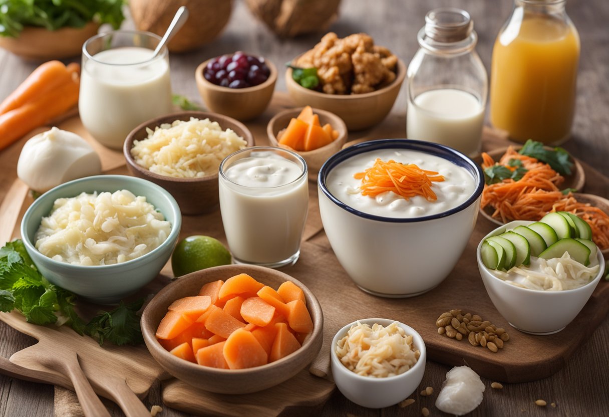 Various dairy-free probiotic sources: coconut yogurt, sauerkraut, kimchi, miso, tempeh, and kombucha displayed on a wooden table with colorful fruits and vegetables in the background