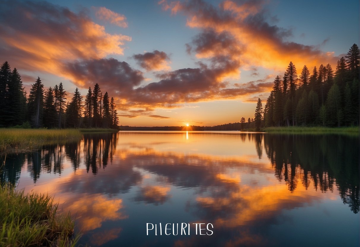 A serene lake reflecting a vibrant sunset with the words "No Excuses" written in bold, inspiring font across the sky