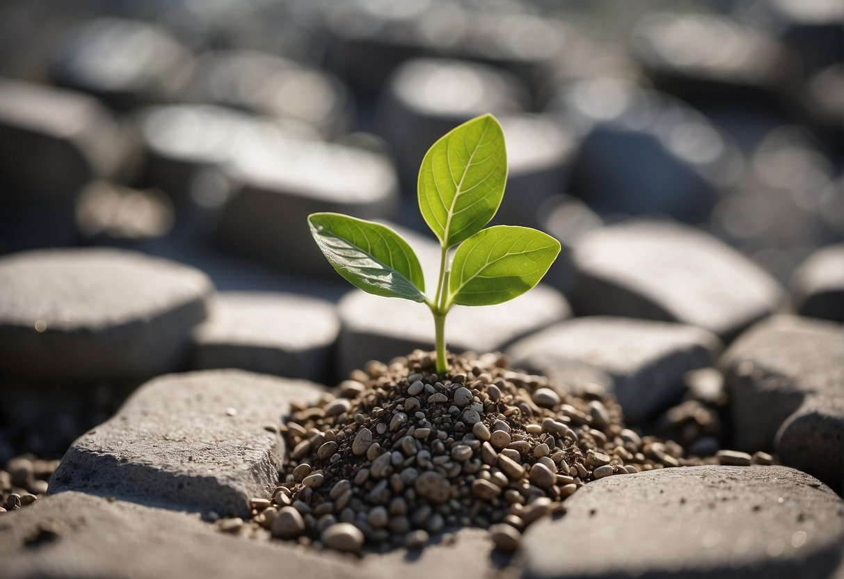 A seedling breaking through concrete, surrounded by motivational quotes