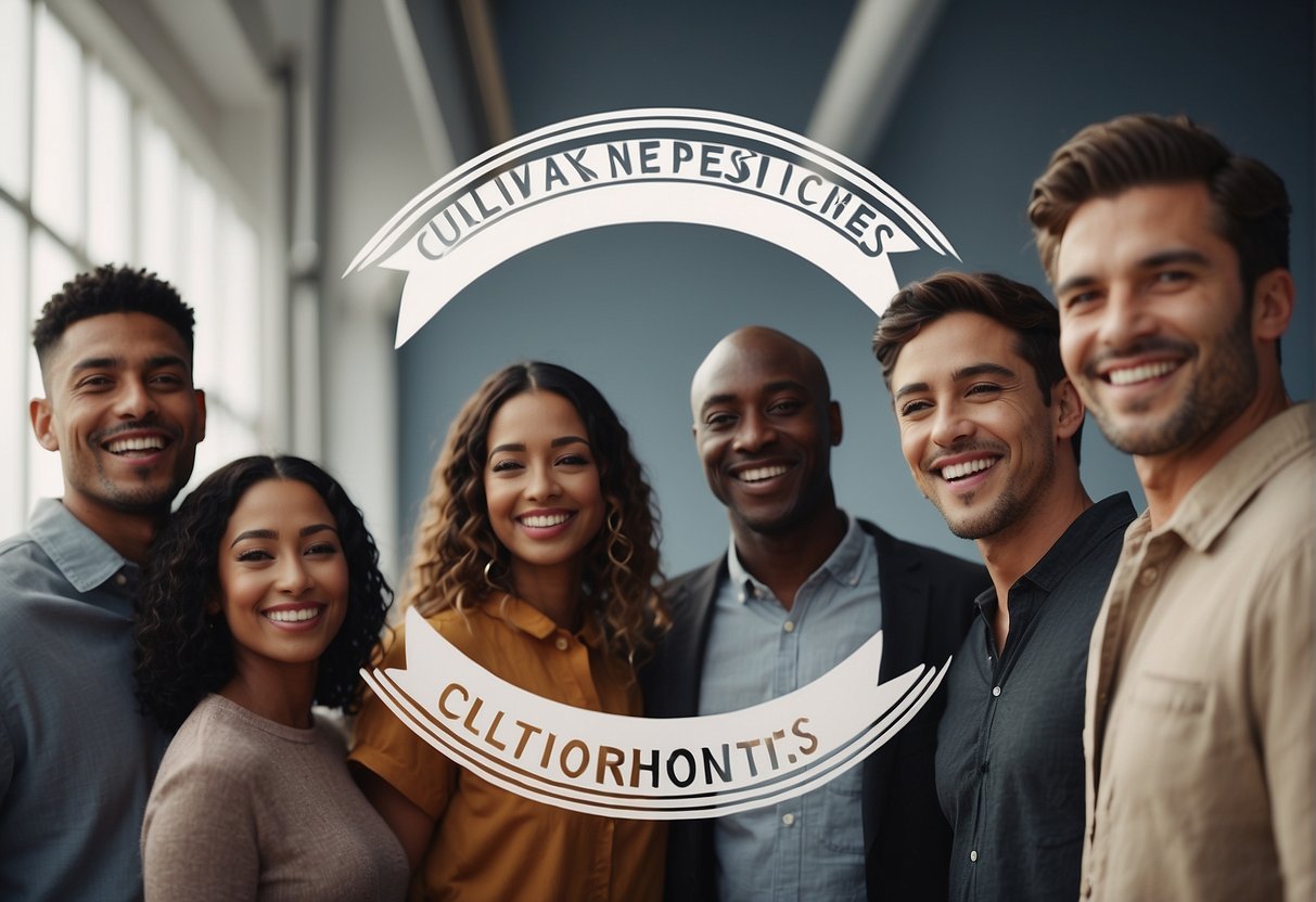 A group of diverse people stand in a circle, smiling and laughing. A banner with the words "Cultivating Positive Relationships" hangs behind them