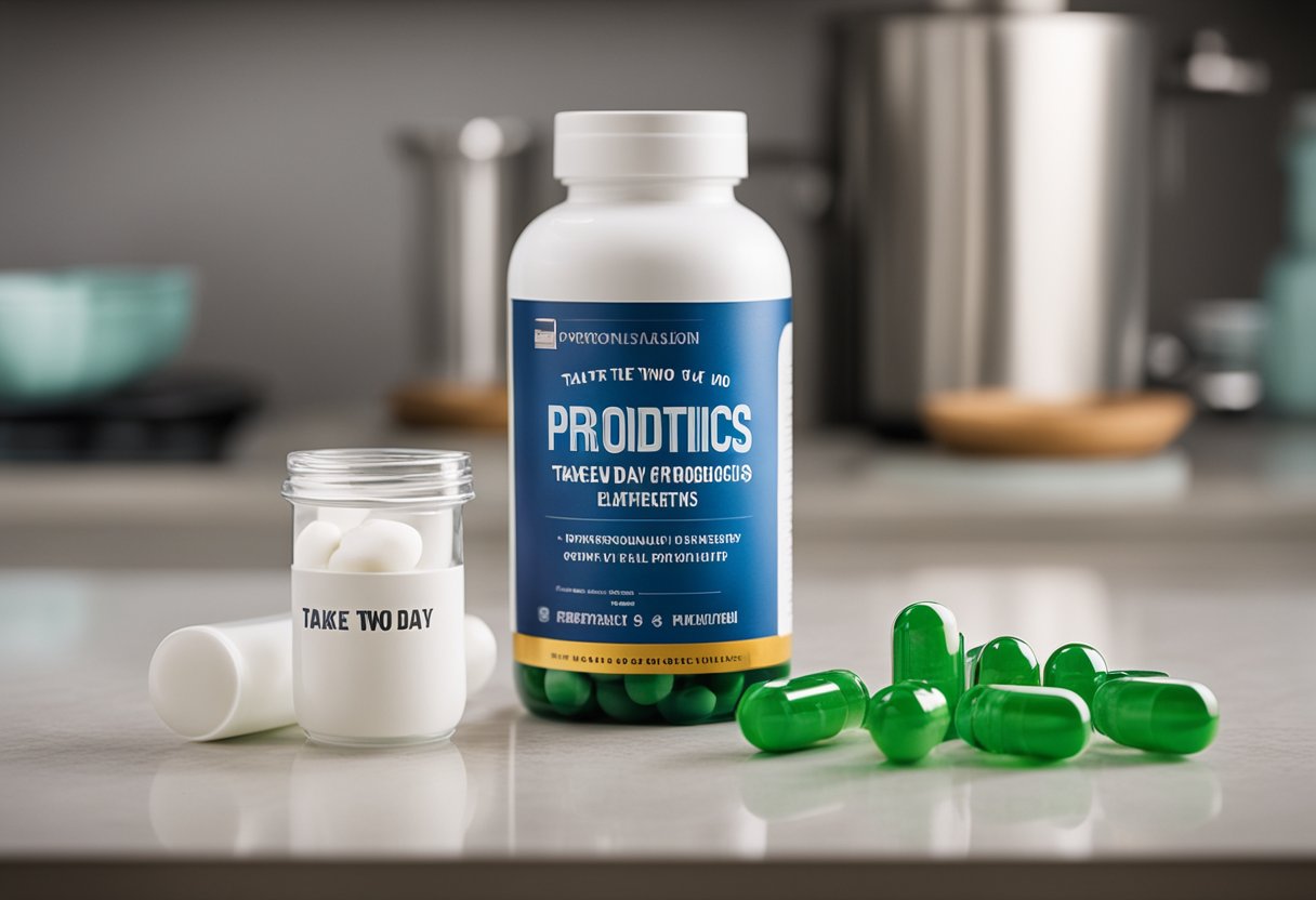 A bottle of probiotics sits open on a countertop, with two capsules resting next to it. The label prominently displays "Take two probiotics a day" in bold lettering
