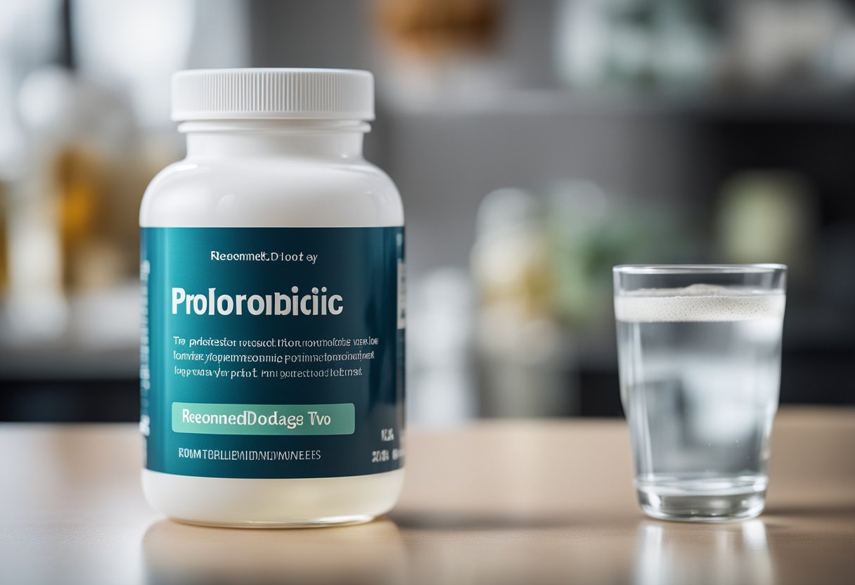 A bottle of probiotics with the label showing "Recommended Dosage: Take two probiotics a day." Displayed alongside a glass of water