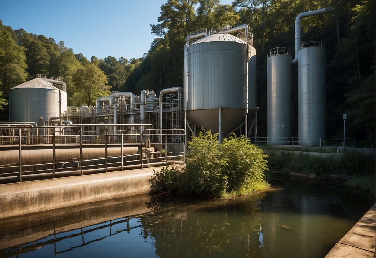 The Cherokee County Water Plant stands tall against the backdrop of a clear blue sky. The facility's large tanks and pipes are surrounded by lush greenery, with a river flowing nearby