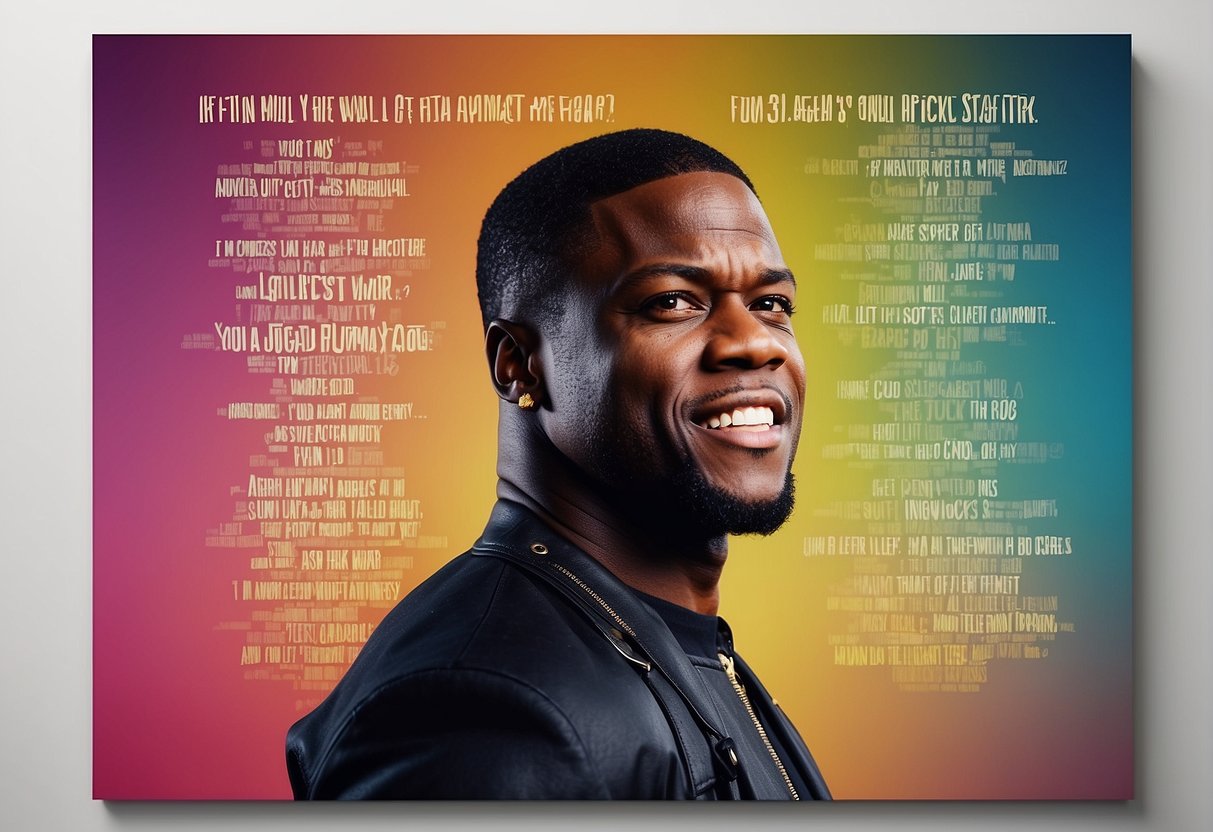 Kevin Hart's quotes displayed on a colorful background with bold typography and comedic imagery