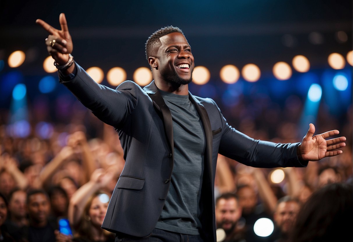 Kevin Hart on stage, mic in hand, surrounded by a cheering crowd. Bright lights shine down as he delivers his famous quotes with passion and humor