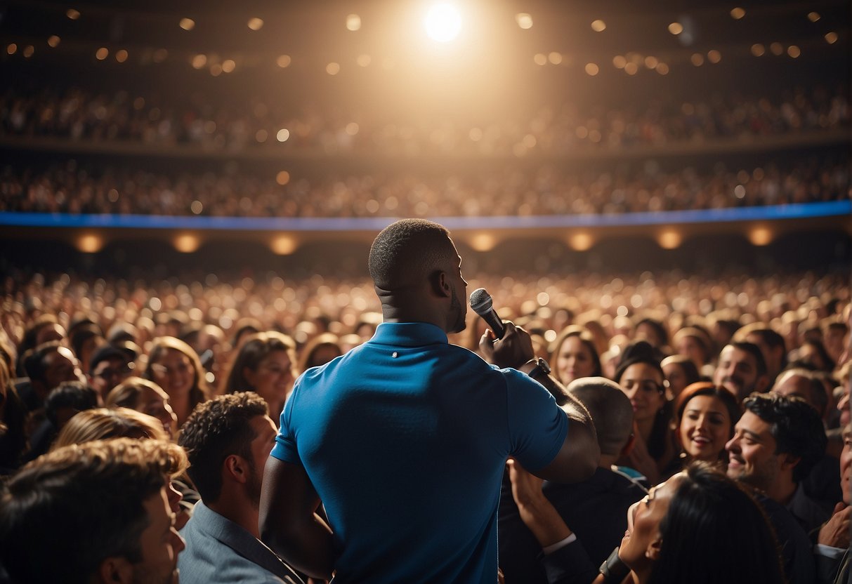 Kevin Hart's journey illustrated: a stage with a spotlight, a mic, and a crowd of diverse faces, all looking up with admiration