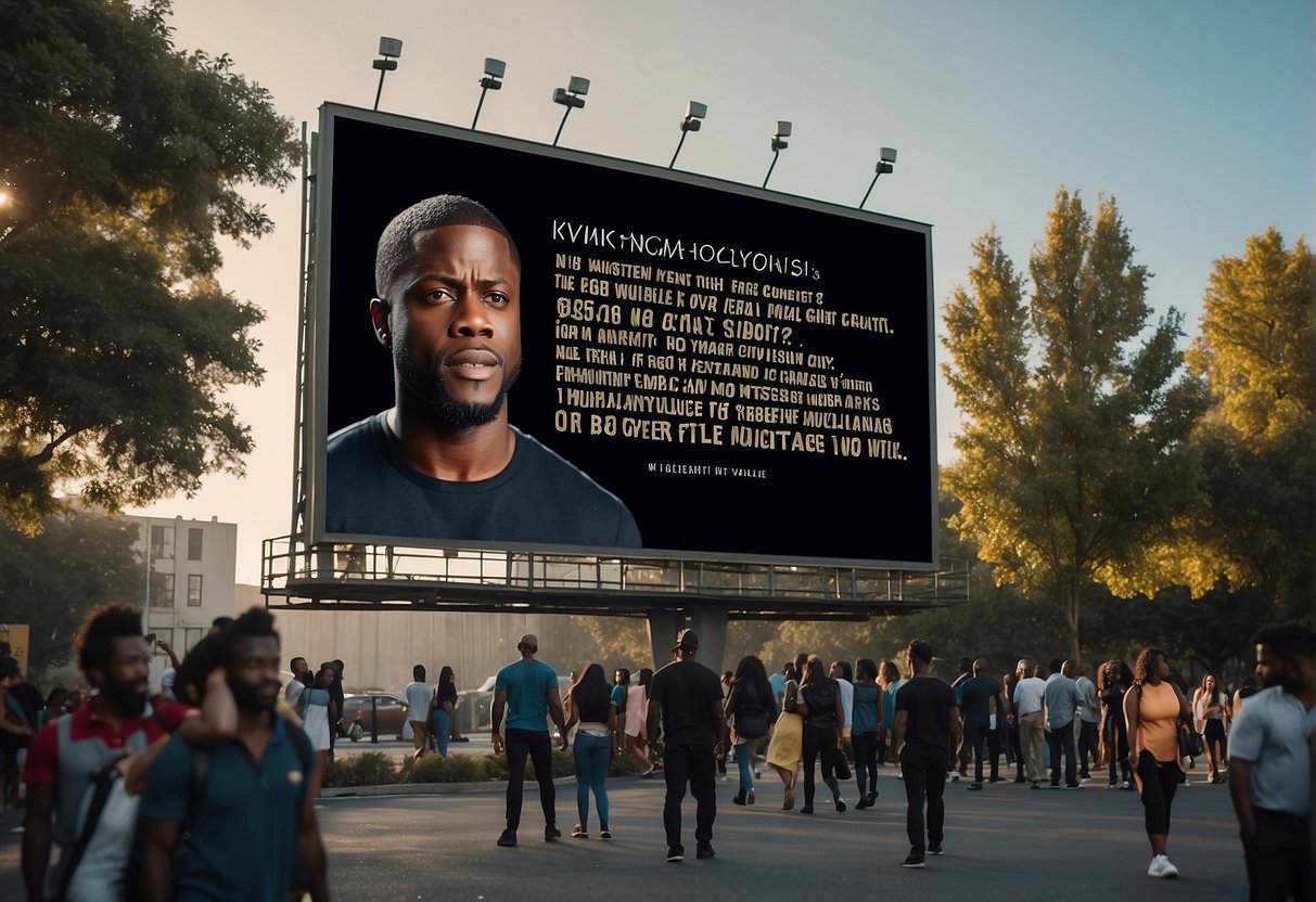 Kevin Hart's impactful quotes displayed on a billboard, surrounded by diverse people nodding in agreement