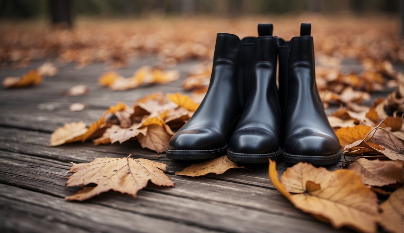 A pair of sleek chelsea boots placed on a rustic wooden floor, surrounded by fallen autumn leaves and a cozy scarf draped nearby