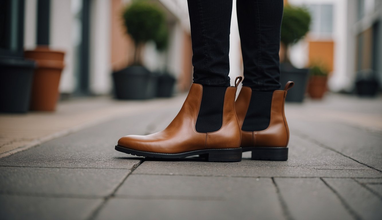A woman's hand selects a pair of chelsea boots to pair with tailored trousers, laying out the outfit on a clean, modern surface