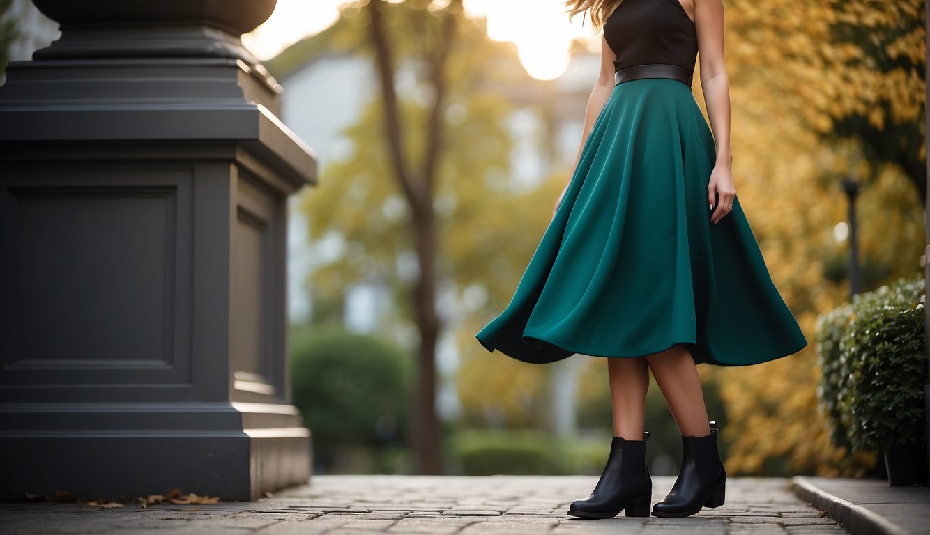 A woman's outfit with a flowing skirt or dress, paired with a stylish pair of Chelsea boots. The boots are sleek and versatile, adding a modern touch to the classic feminine look