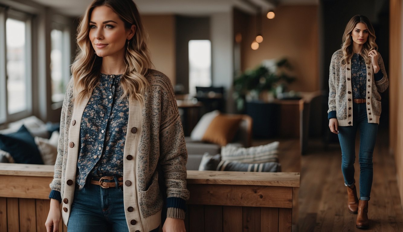 A woman selects a patterned top and layers it with a cozy cardigan, pairing them with stylish Chelsea boots