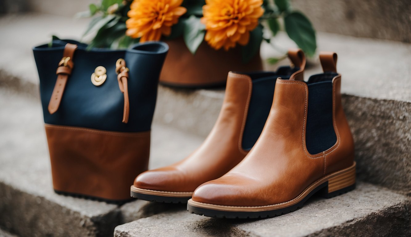 A pair of stylish chelsea boots placed next to a variety of accessories such as scarves, hats, and statement jewelry on a clean, minimalist background
