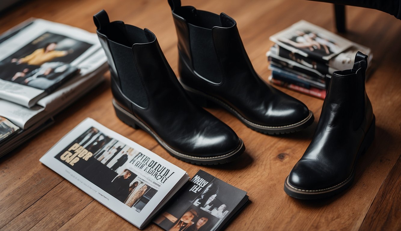 A pair of sleek, black Chelsea boots placed on a wooden floor next to a stack of fashion magazines and a velvet jacket