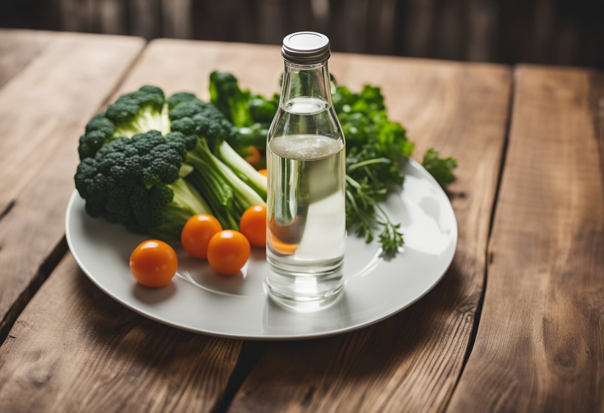 A bottle of keto probiotic sitting on a wooden table with a plate of fresh vegetables and a glass of water next to it
