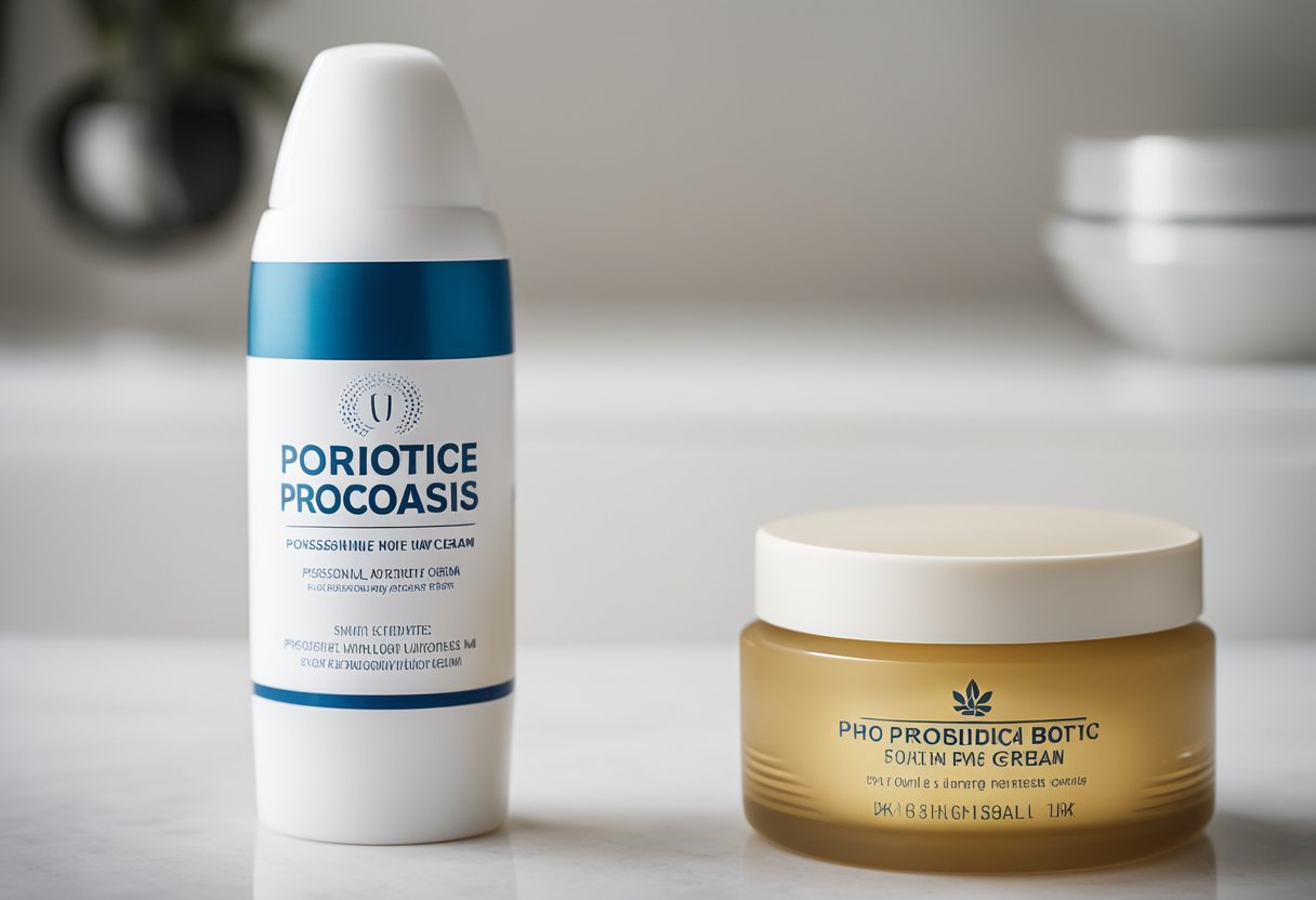 A bottle of probiotics sits next to a tube of psoriasis cream on a clean, white countertop. A gentle, soothing light shines down on the products, creating a calming atmosphere