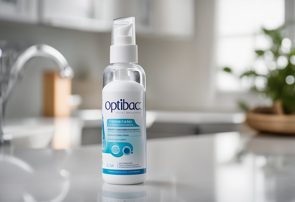 A woman's hand reaches for a bottle of Optibac probiotics on a clean, white countertop. The label prominently features the product name and a feminine design