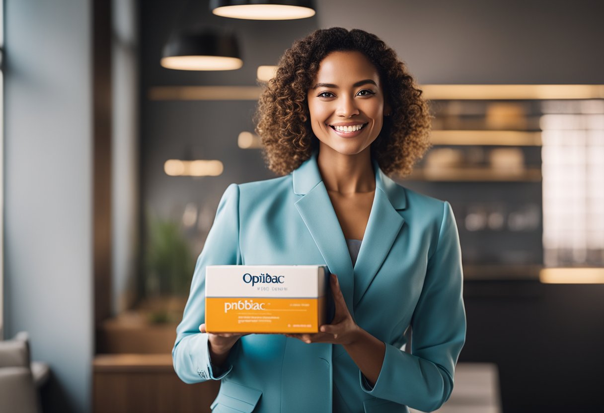 A vibrant, modern woman holding a box of OptiBac Probiotics for Women, with a radiant smile and a sense of vitality