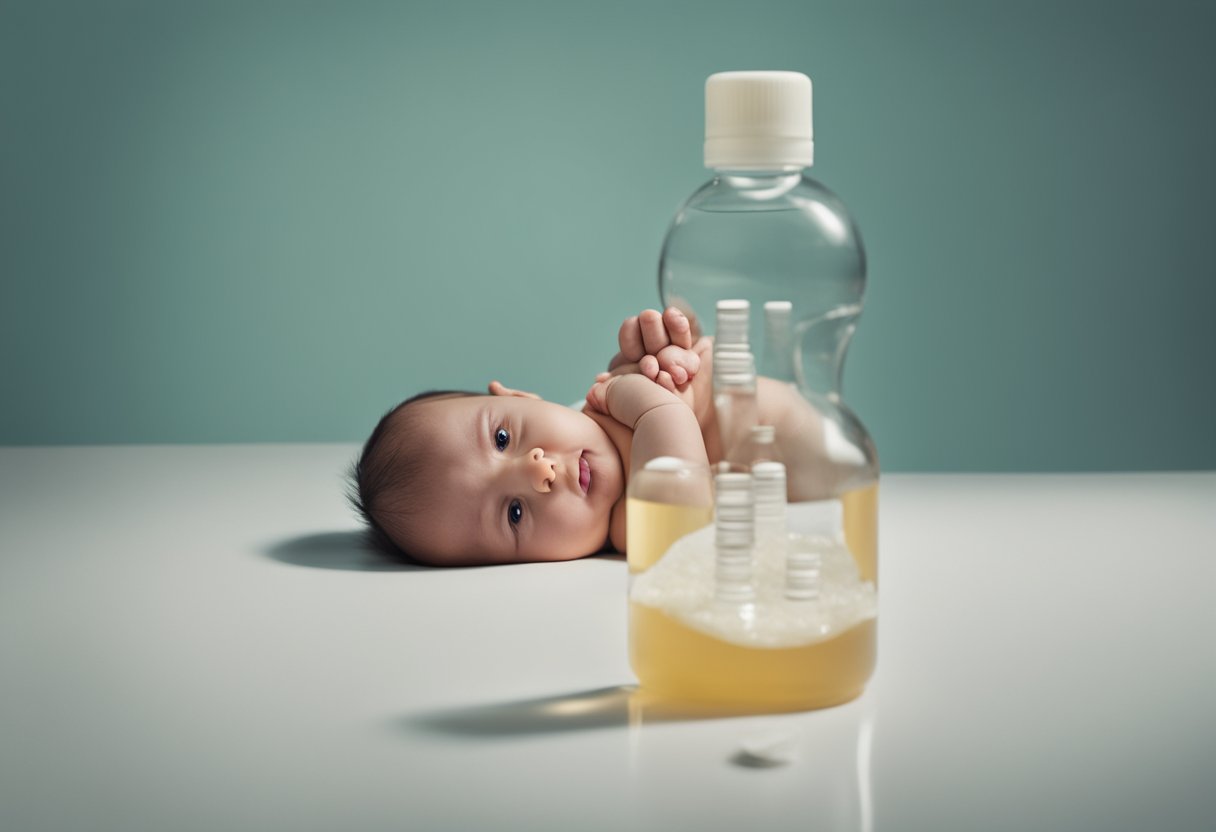 An infant lying on their back, with a distressed expression and arching their back. A bottle of infant probiotics for reflux sits nearby